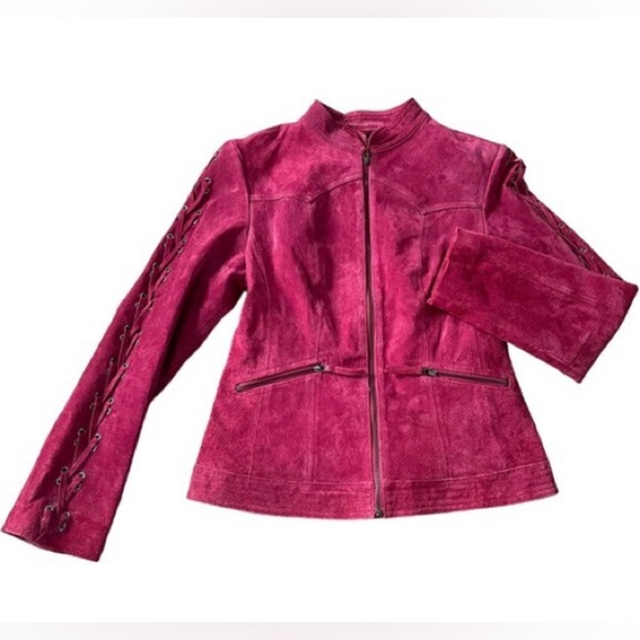 NWOT Vintage OSO Casuals Pink Magenta Suede Leather Moto Mock Neck Tie Jacket S - Picture 1 of 8